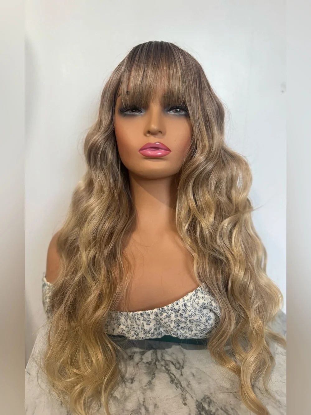 Long Wavy Ombre Wig with Bangs Brown to Honey Blonde Balayage Heat Friendly